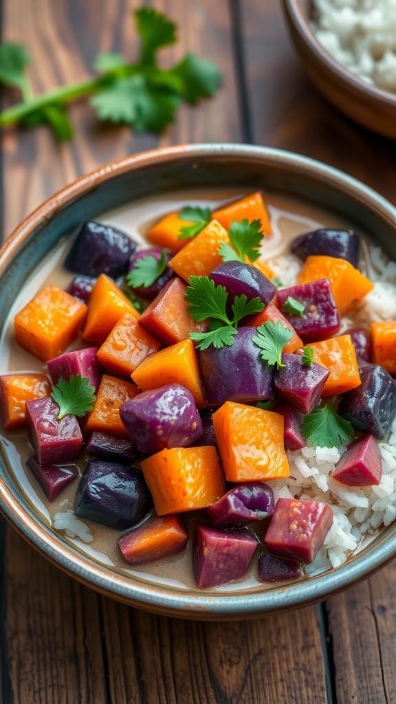 A colorful bowl of purple vegetable curry with eggplant, cabbage, and sweet potatoes, garnished with cilantro, served with rice.